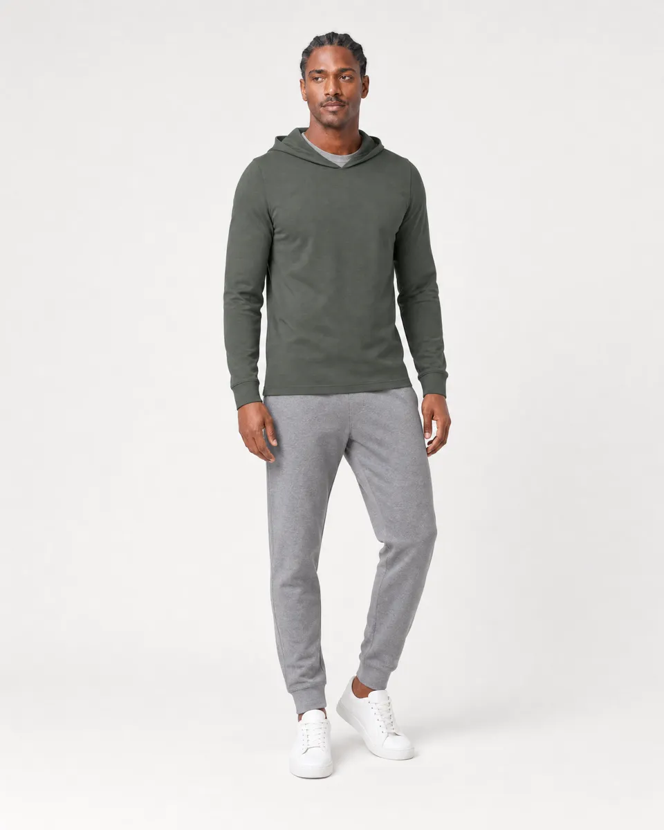 StringKing Men's Pima Jersey Hoodie - Sharp Fit, Moss, Full Front Angle - Human Model