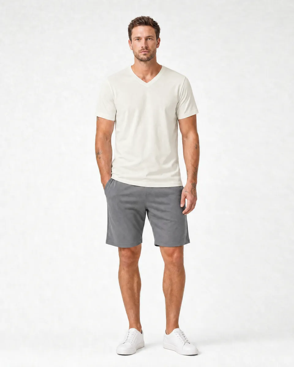 StringKing Men's Pima Jersey V-Neck Tee - Relaxed Fit, Tofu, Full Front - Human Model - Top of head to Knees