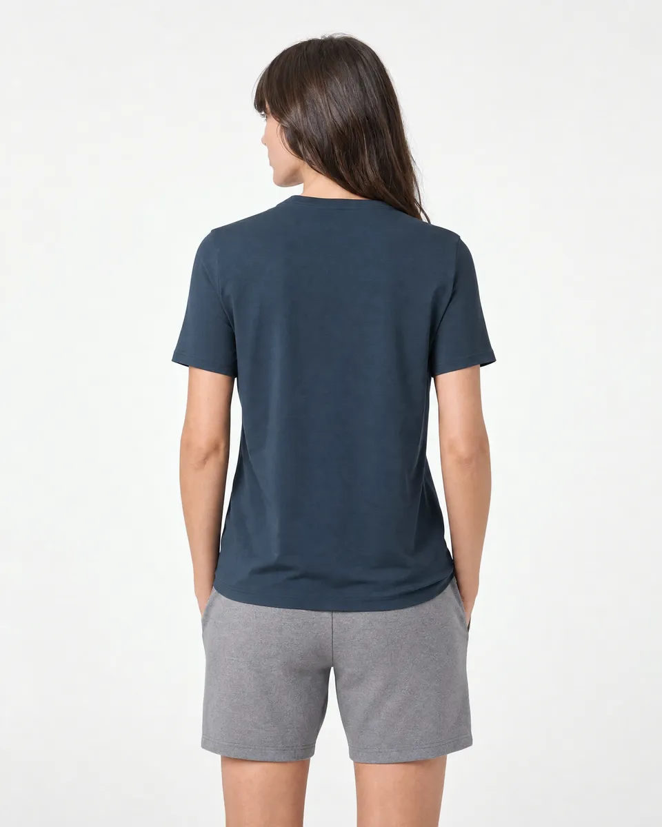 StringKing Women's Pima Jersey Tee - Relaxed Fit, Navy, Full Back - Human Model - Top of head to Mid-thigh