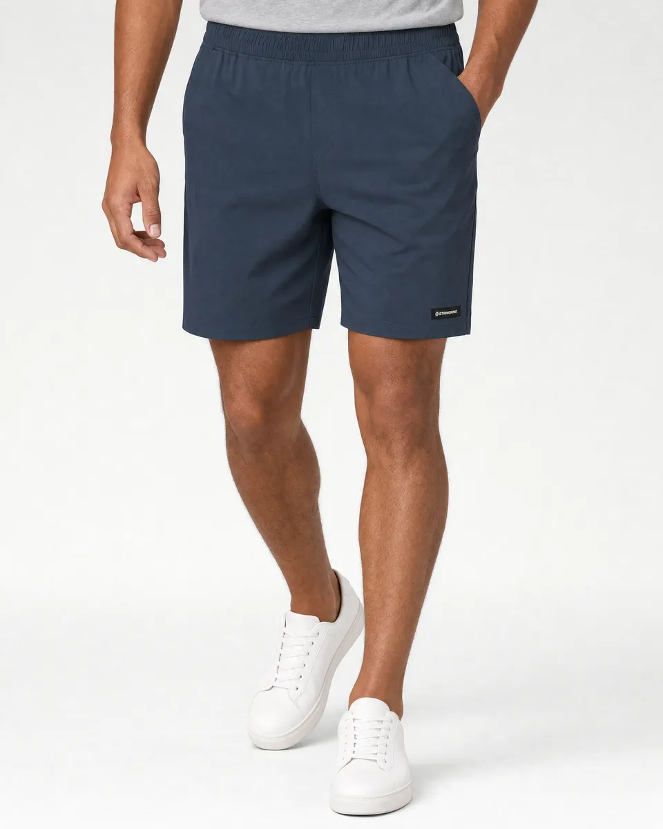 StringKing Men's Nylon Flex Shorts - Sharp Fit, Navy, Full Front - Human Model - Waist to Mid-calf