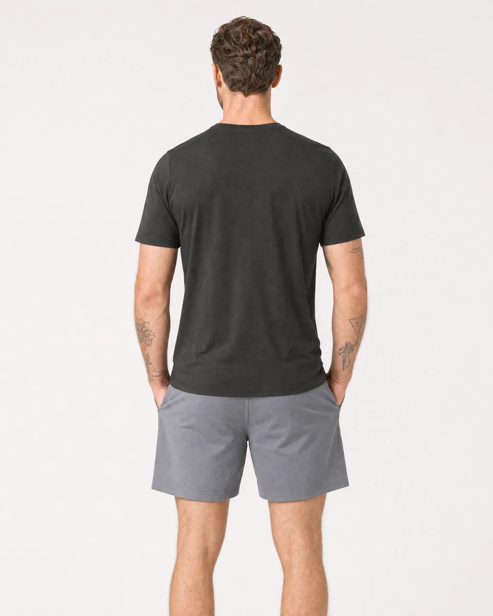 StringKing Men's Pima Jersey V-Neck Tee - Sharp Fit, Peat, Full Back - Human Model - Top of head to Mid-thigh