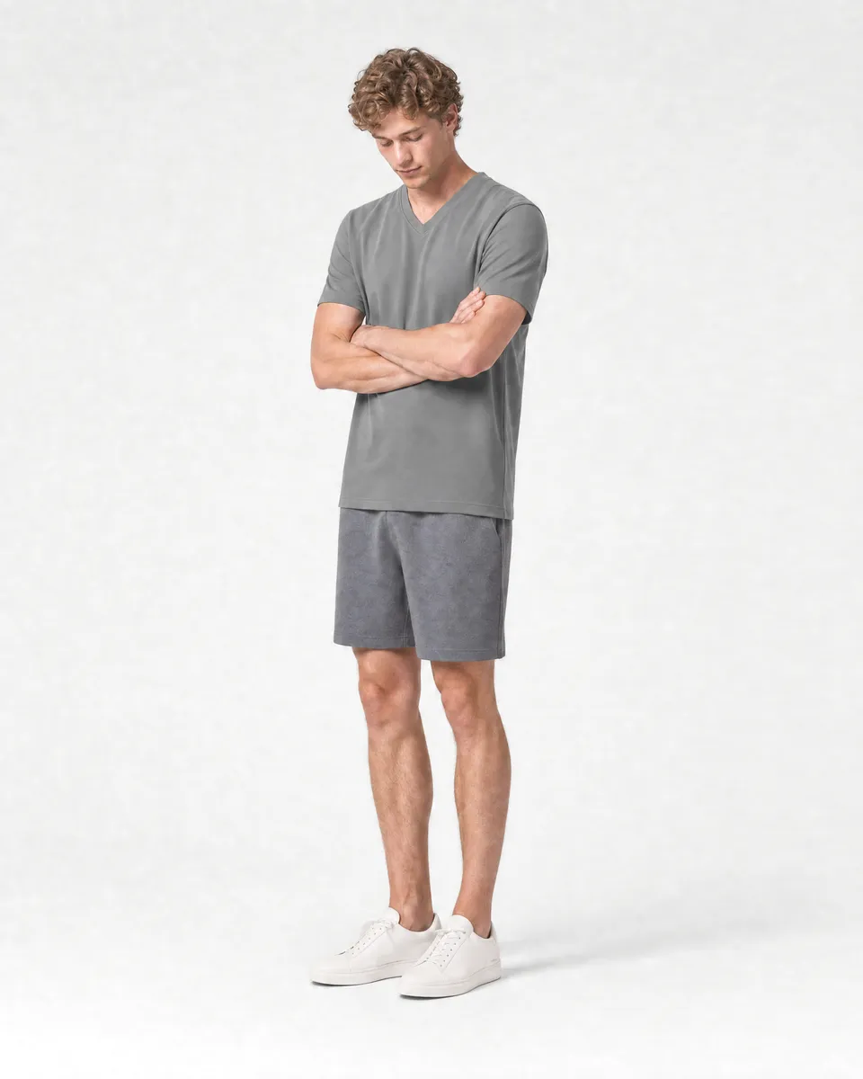 StringKing Men's Pima Terry V-Neck Tee - Relaxed Fit, Frost Gray, Full Front Angle - Human Model