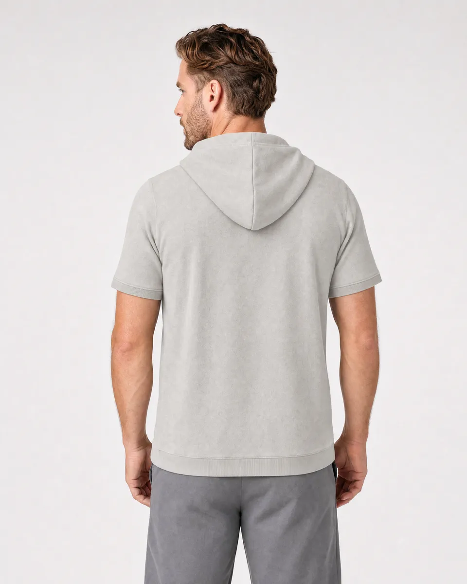 StringKing Men's Pima Terry Short Sleeve Hoodie - Relaxed Fit, Moonstruck, Full Back - Human Model - Top of head to Mid-thigh