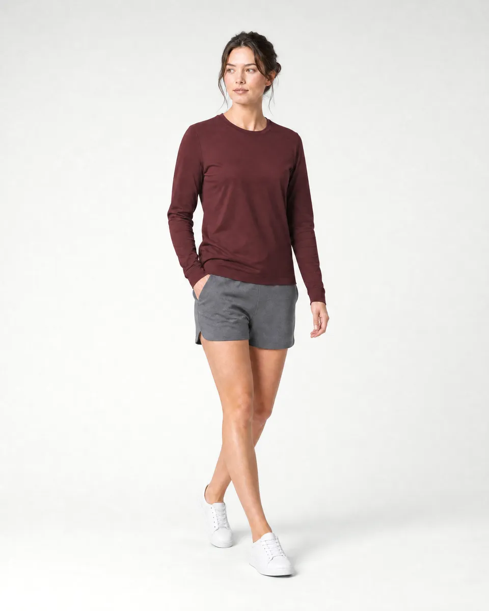 StringKing Women's Pima Jersey Long Sleeve Tee - Sharp Fit, New Maroon, Full Front Angle - Human Model