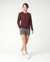 StringKing Women's Pima Jersey Long Sleeve Tee - Sharp Fit, New Maroon, Full Front Angle - Human Model