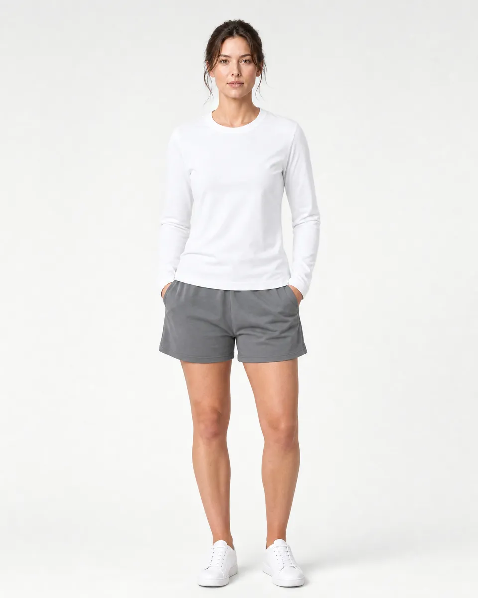 StringKing Women's Pima Jersey Long Sleeve Tee - Sharp Fit, White, Full Front - Human Model - Top of head to Knees