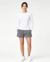 StringKing Women's Pima Jersey Long Sleeve Tee - Sharp Fit, White, Full Front - Human Model - Top of head to Knees