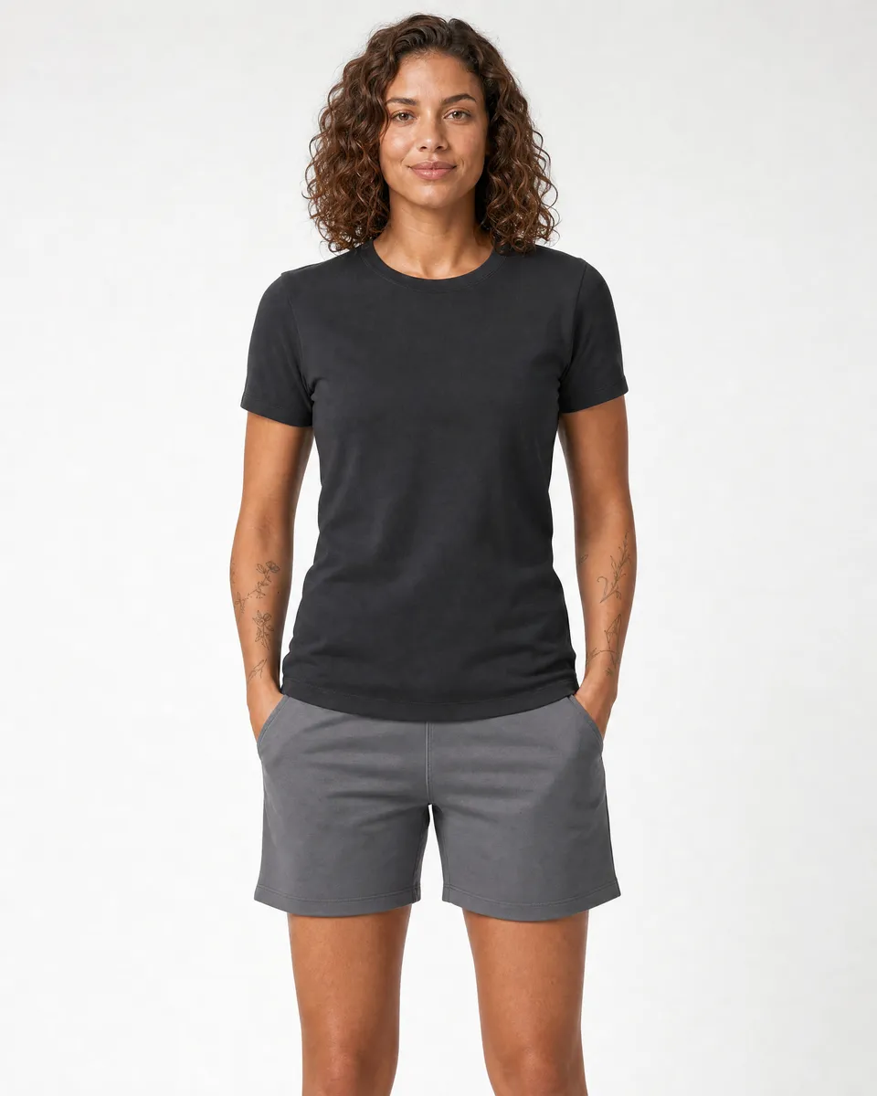 StringKing Women's Pima Terry Tee - Sharp Fit, Black, Full Front - Human Model - Top of head to Knees