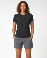 StringKing Women's Pima Terry Tee - Sharp Fit, Black, Full Front - Human Model - Top of head to Knees