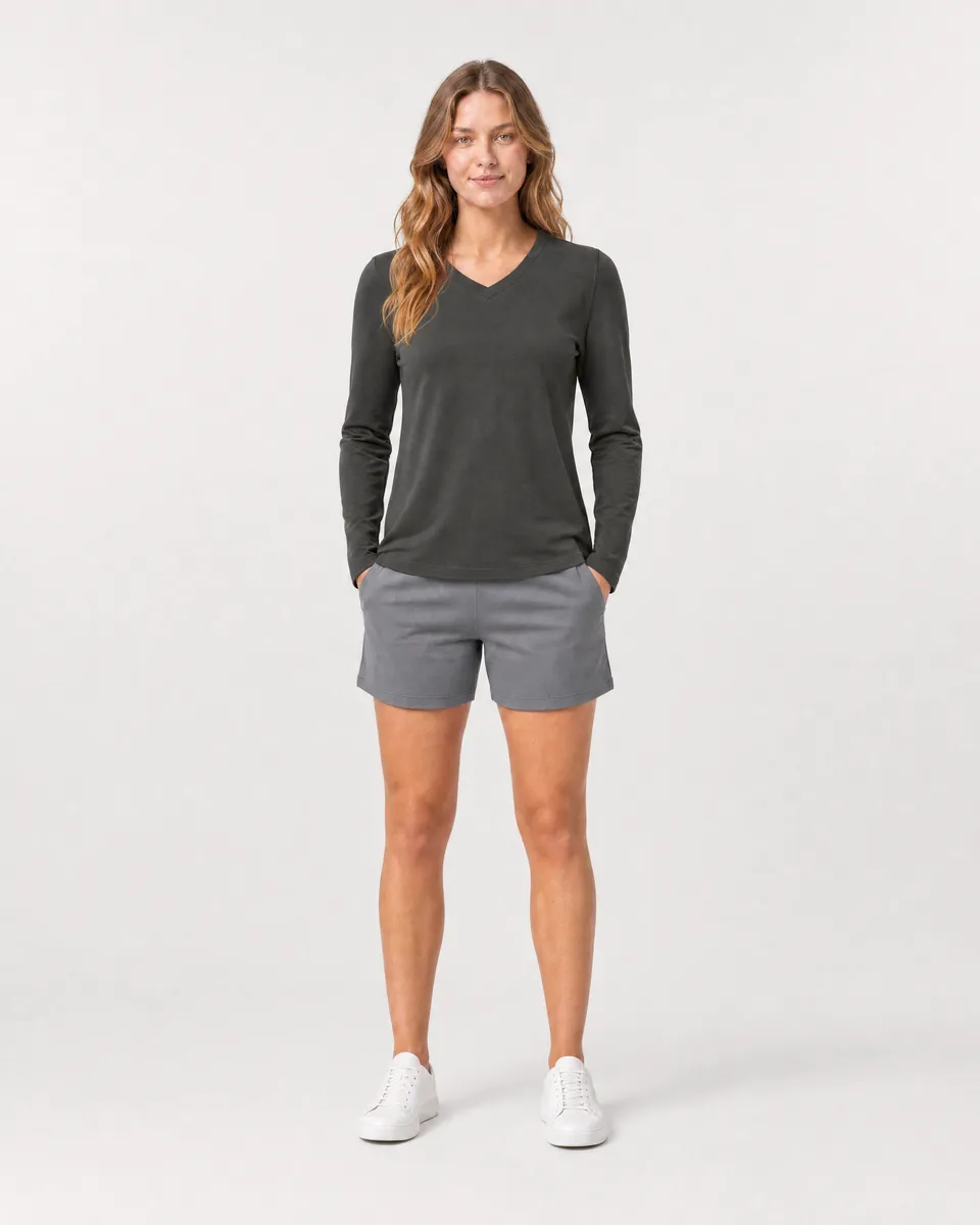 StringKing Women's Pima Terry Long Sleeve V-Neck Tee - Relaxed Fit, Peat, Full Front - Human Model