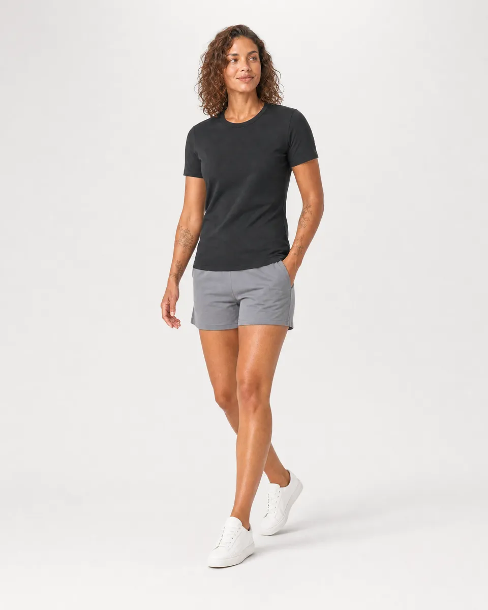 StringKing Women's Pima Terry Tee - Sharp Fit, Black, Collar Shoulder - Human Model