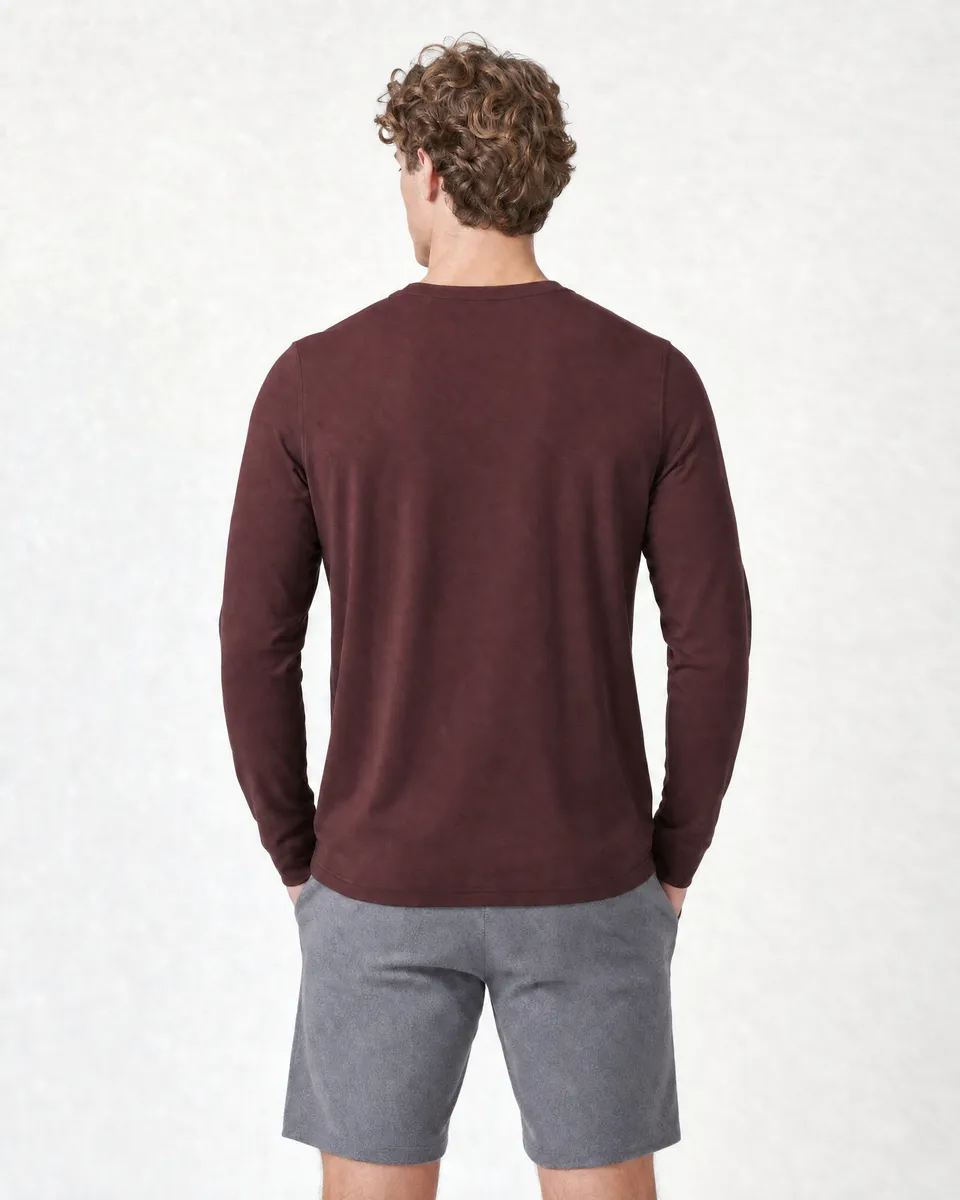 StringKing Men's Pima Jersey Long Sleeve Pocket Tee - Sharp Fit, New Maroon, Full Back - Human Model - Top of head to Mid-thigh