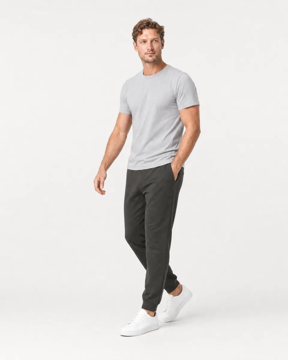 StringKing Men's Pima Terry Sweatpants - Sharp Fit, Peat, Full Front Angle - Human Model