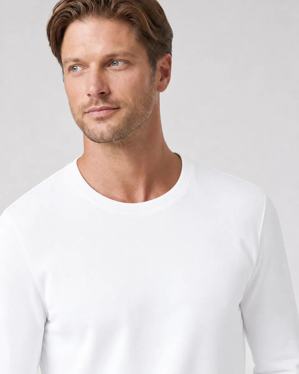 StringKing Men's Pima Terry Long Sleeve Tee - Sharp Fit, White, Collar Shoulder - Human Model