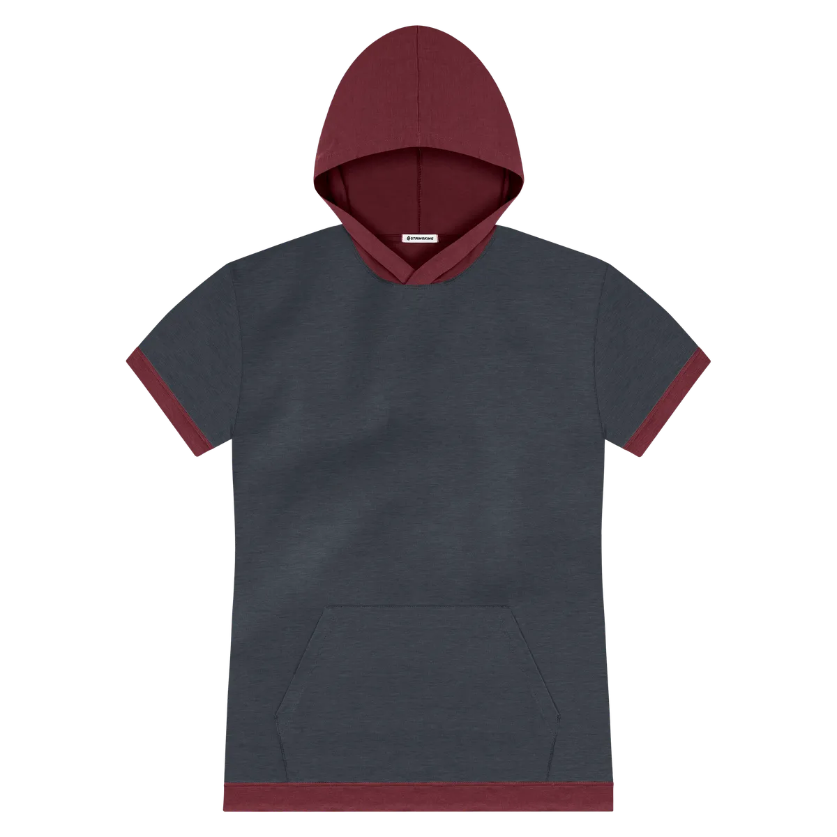 StringKing Men's FlexStyle Light Short Sleeve Hoodie 2C - Sharp Fit, India Ink Main, Rhubarb Accent, Front