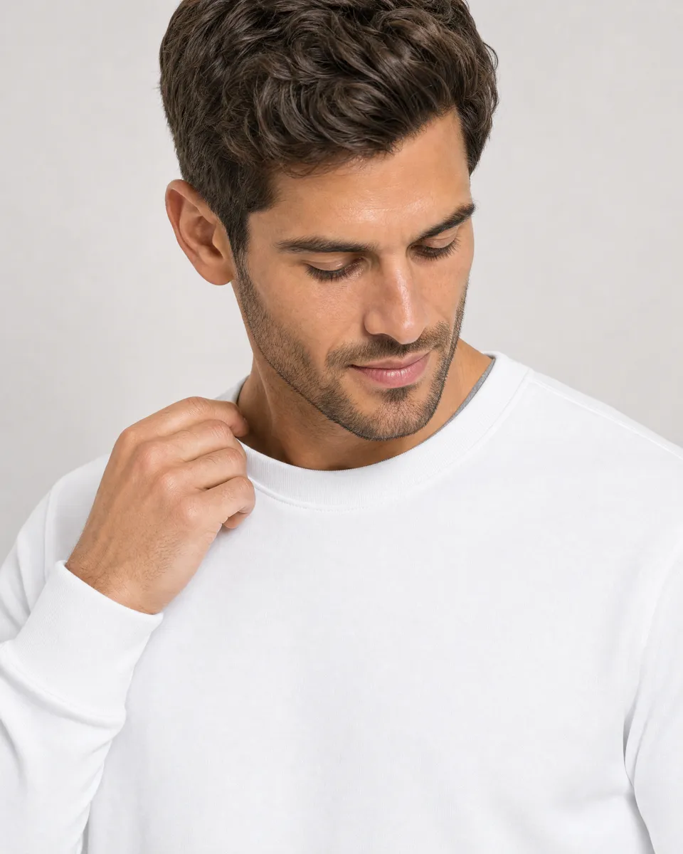 StringKing Men's Pima Terry Crew Sweater - Sharp Fit, White, Collar Shoulder - Human Model
