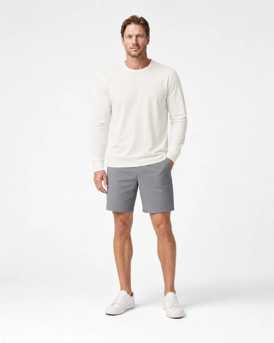 StringKing Men's Pima Jersey Long Sleeve Tee - Sharp Fit, Tofu, Full Front - Human Model