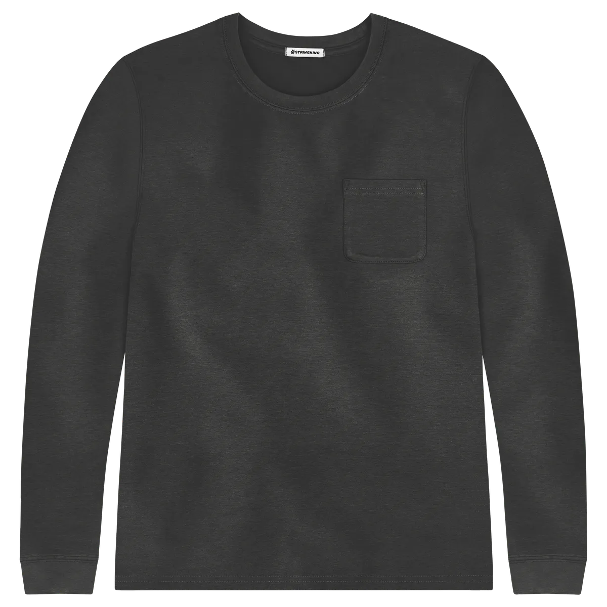 StringKing Men's Pima Cotton Long Sleeve Pocket Crewneck T-Shirt - Sharp Fit, Black, Front
