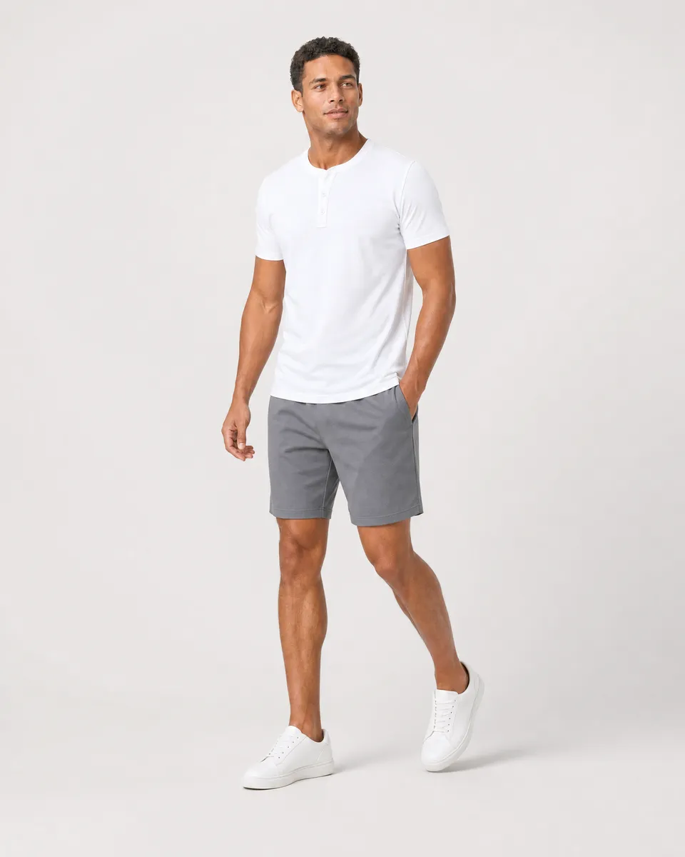 StringKing Men's Pima Jersey Short Sleeve Henley - Sharp Fit, White, Full Front Angle - Human Model