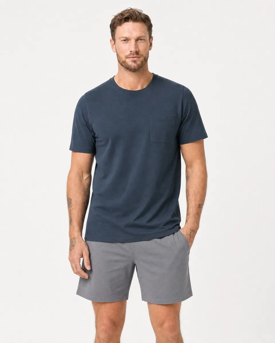 StringKing Men's Pima Jersey Pocket Tee - Relaxed Fit, Navy, Full Front - Human Model - Top of head to Knees