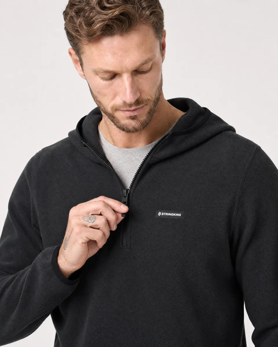 StringKing Men's Polartec Fleece Quarter Zip Hoodie with Pockets - Sharp Fit, Meteorite, Collar Shoulder - Human Model