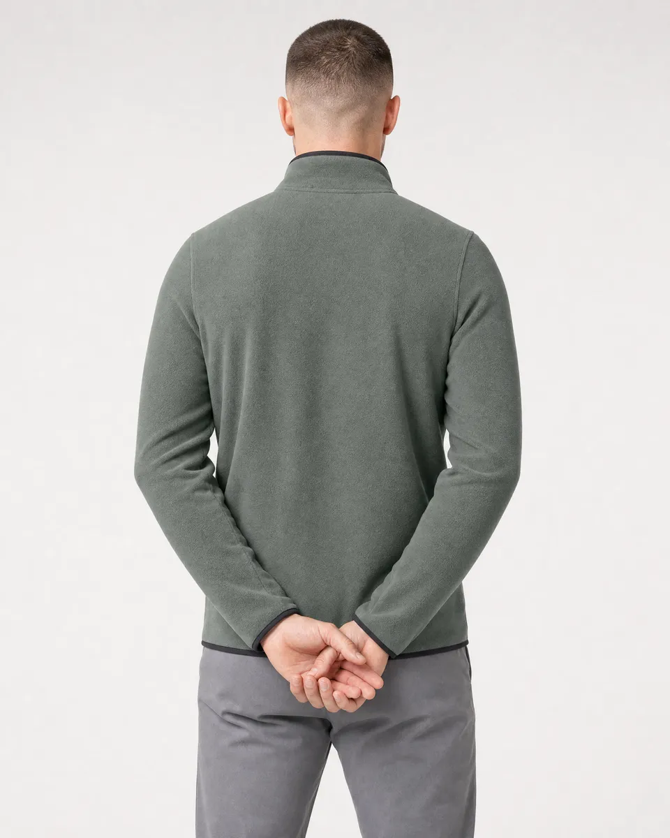 StringKing Men's Polartec Fleece Quarter Zip with Pockets - Sharp Fit, Avenue Green, Full Back - Human Model - Top of head to Mid-thigh