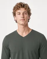 StringKing Men's Pima Jersey Long Sleeve V-Neck Tee - Sharp Fit, Moss, Collar Shoulder - Human Model