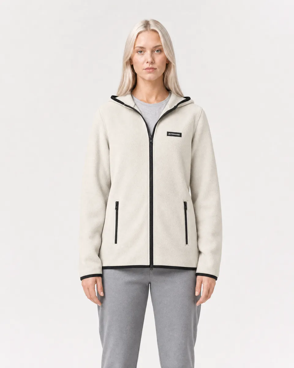 StringKing Women's Polartec Fleece Full Zip Hoodie with Pockets - Relaxed Fit, Jet Stream, Full Front - Human Model - Top of head to Knees