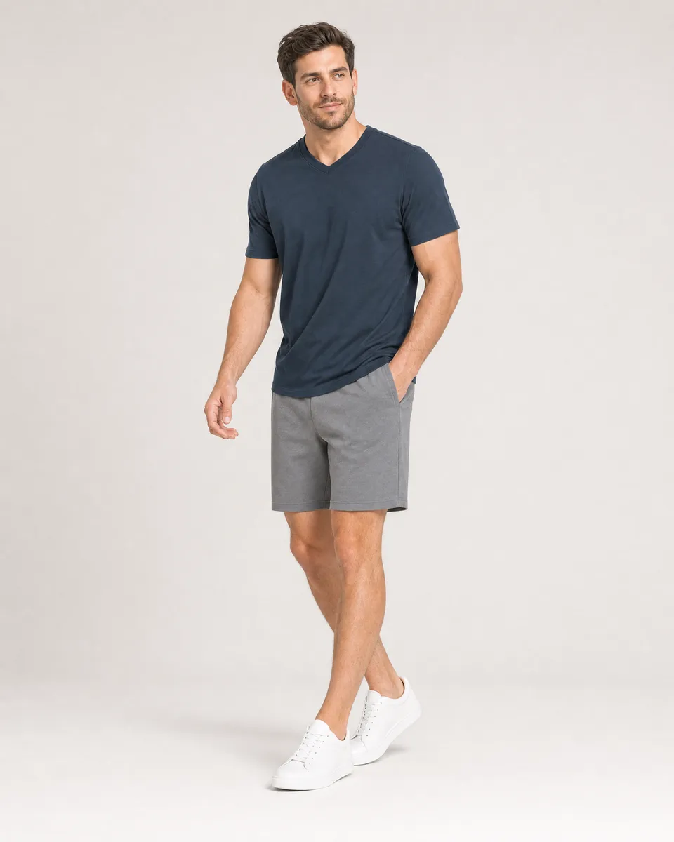 StringKing Men's Pima Terry V-Neck Tee - Sharp Fit, Navy, Full Front Angle - Human Model