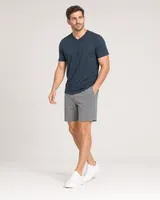 StringKing Men's Pima Terry V-Neck Tee - Sharp Fit, Navy, Full Front Angle - Human Model