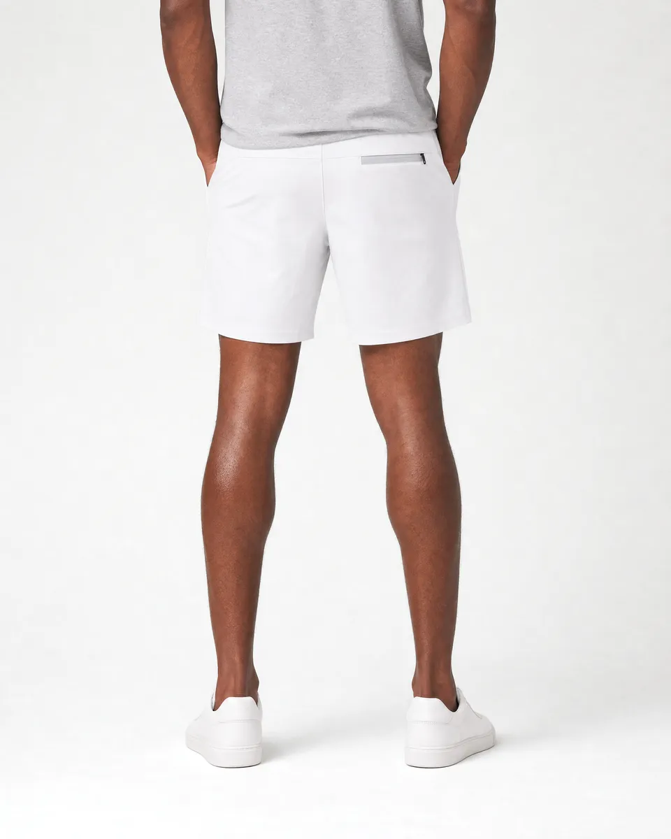 StringKing Men's Nylon Flex Shorts - Sharp Fit, White, Full Back - Human Model - Chest to Feet