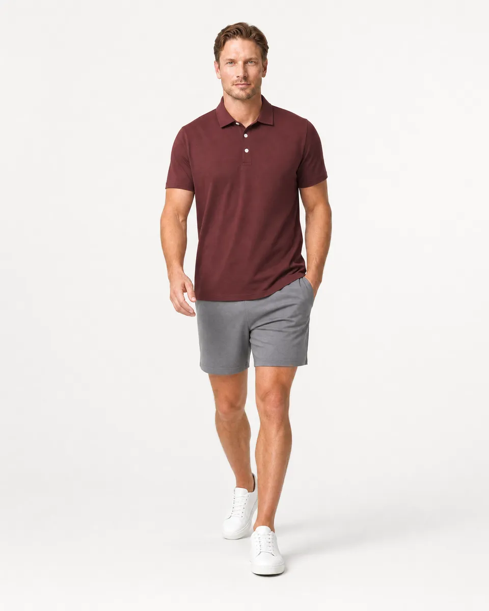 StringKing Men's Pima Jersey Classic Polo - Relaxed Fit, New Maroon, Full Front Angle - Human Model