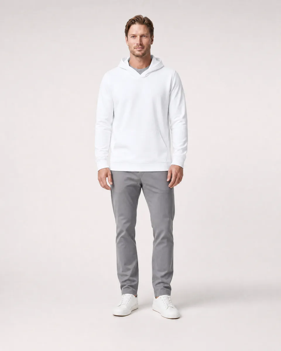 StringKing Men's StayWarm Hoodie - Sharp Fit, White, Full Front - Human Model