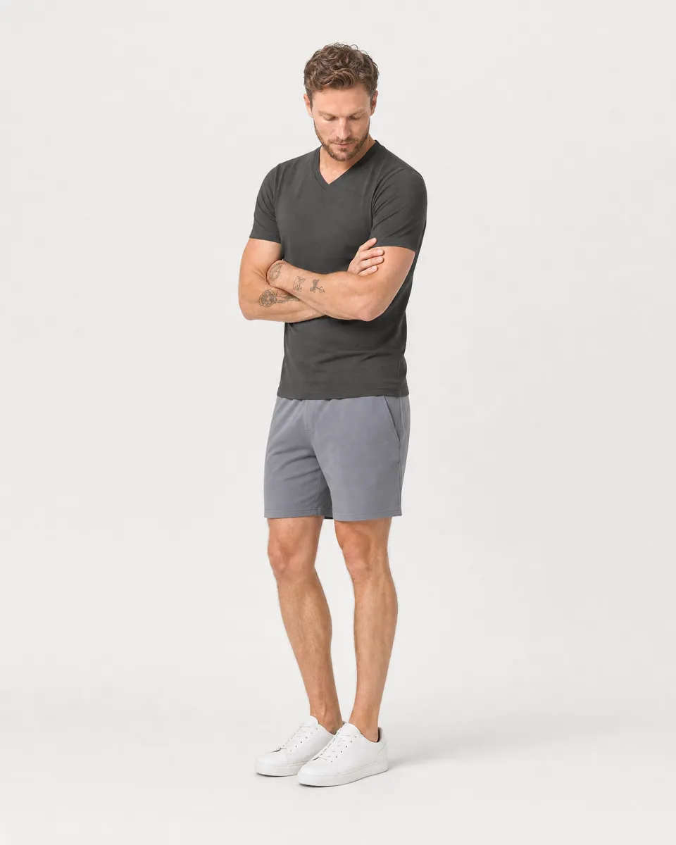 StringKing Men's Pima Jersey V-Neck Tee - Sharp Fit, Peat, Full Front Angle - Human Model
