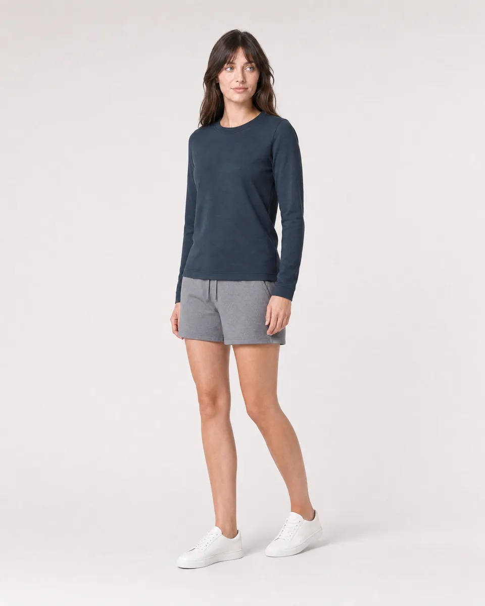 StringKing Women's Pima Terry Long Sleeve Tee - Sharp Fit, Navy, Full Front Angle - Human Model