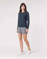 StringKing Women's Pima Terry Long Sleeve Tee - Sharp Fit, Navy, Full Front Angle - Human Model