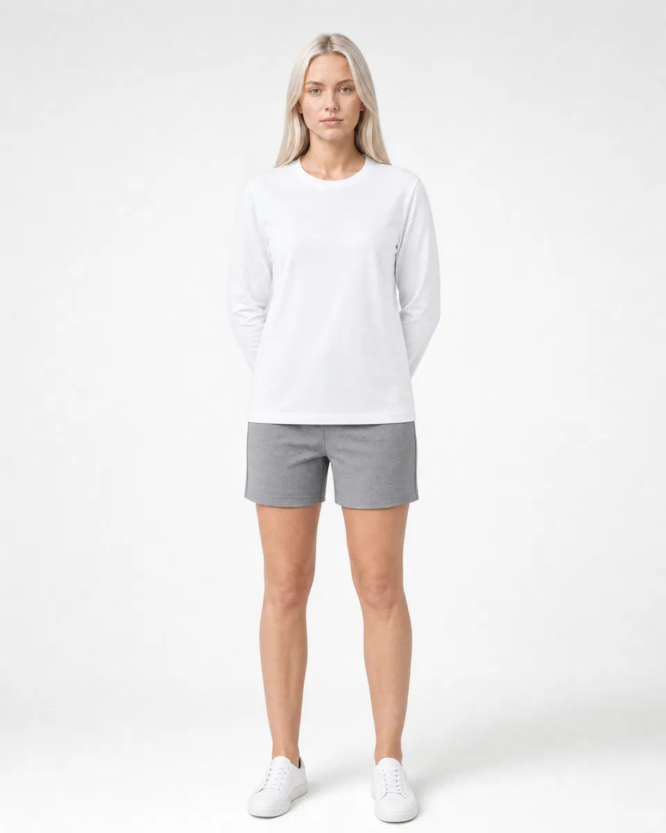 StringKing Women's Pima Jersey Long Sleeve Tee - Relaxed Fit, White, Full Front - Human Model - Top of head to Knees