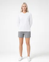 StringKing Women's Pima Jersey Long Sleeve Tee - Relaxed Fit, White, Full Front - Human Model - Top of head to Knees