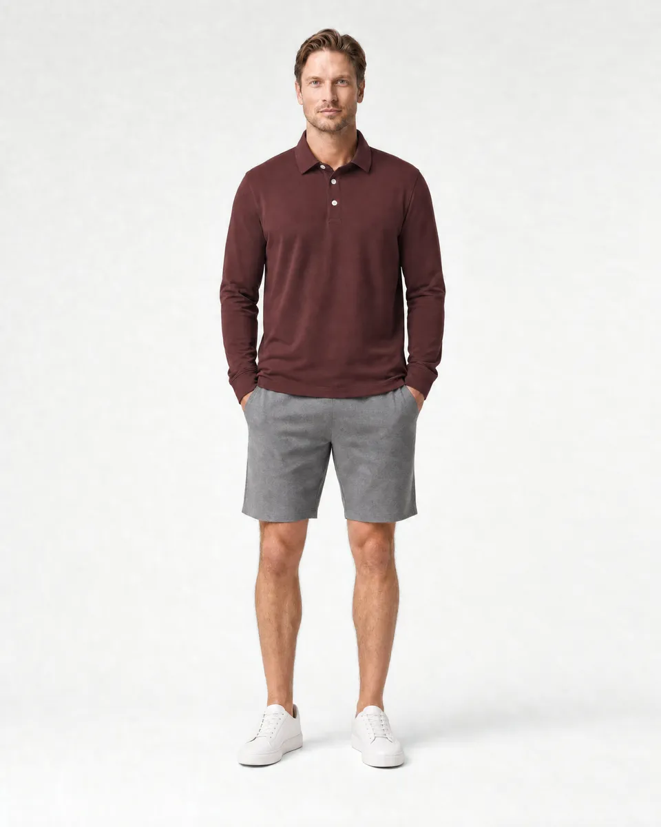 StringKing Men's Pima Jersey Long Sleeve Polo - Relaxed Fit, New Maroon, Full Front - Human Model