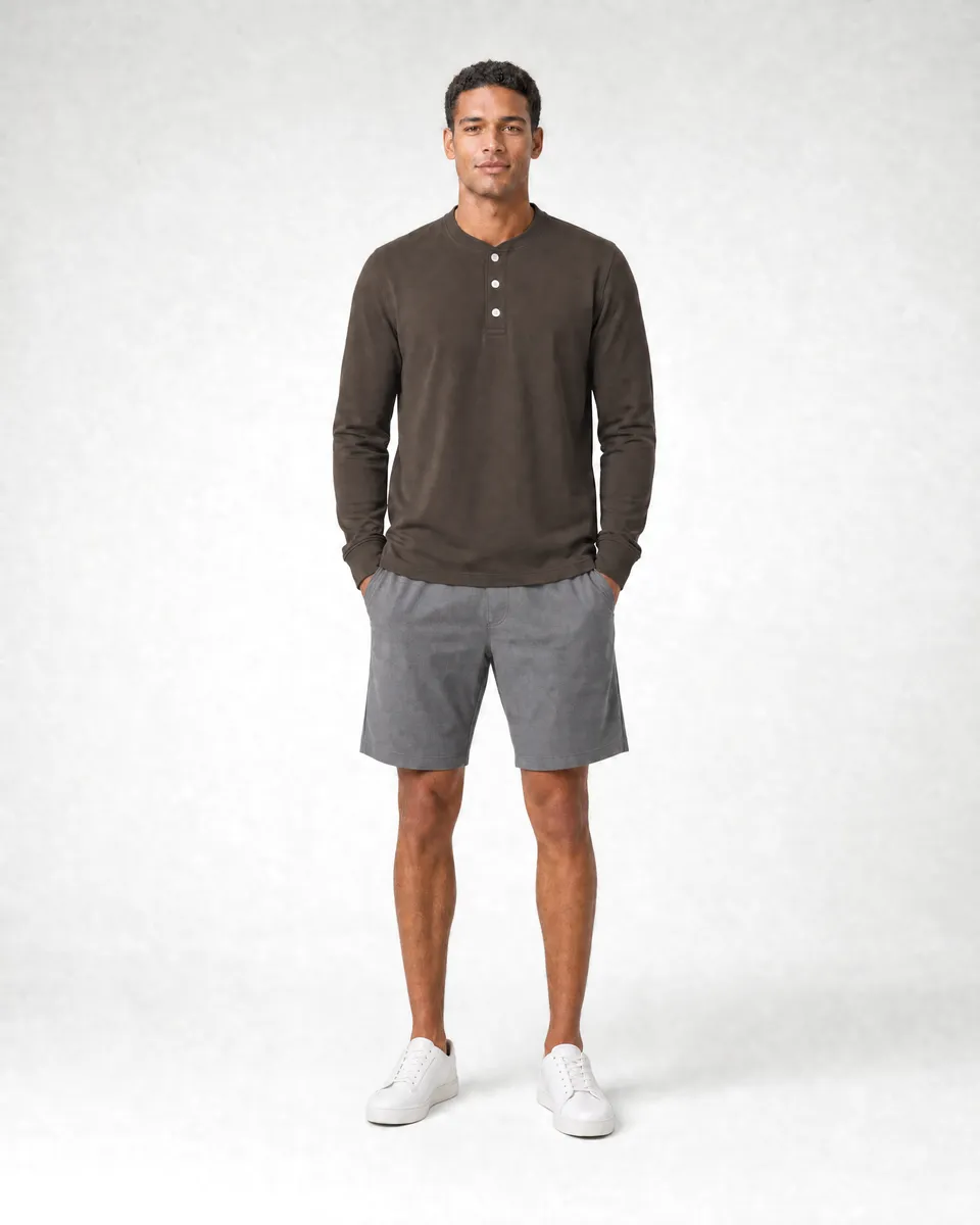 StringKing Men's Pima Jersey Henley - Sharp Fit, Wren, Full Front - Human Model