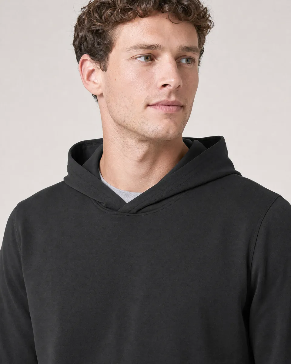 StringKing Men's Pima Terry Hoodie - Sharp Fit, Black, Collar Shoulder - Human Model