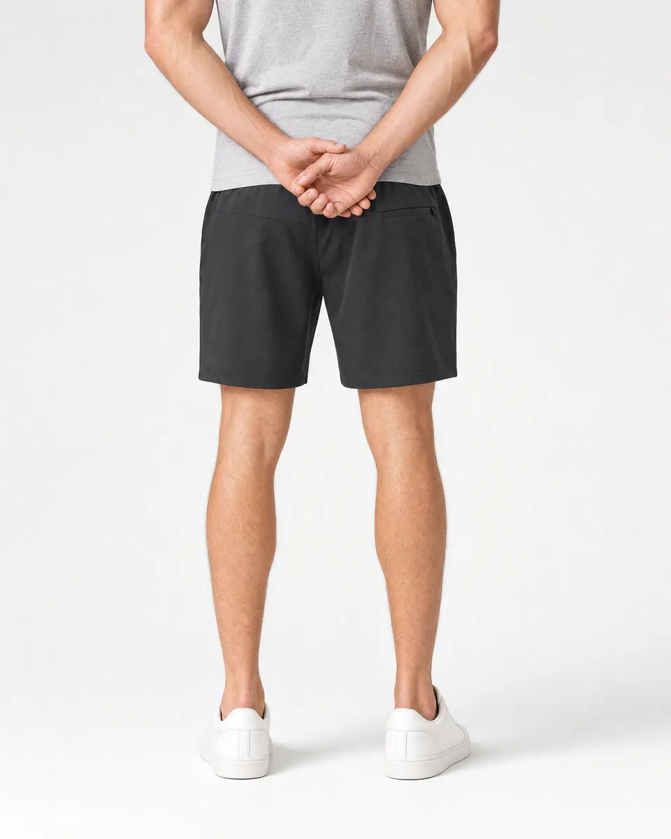 StringKing Men's Nylon Flex Shorts - Sharp Fit, Black, Full Back - Human Model - Chest to Feet
