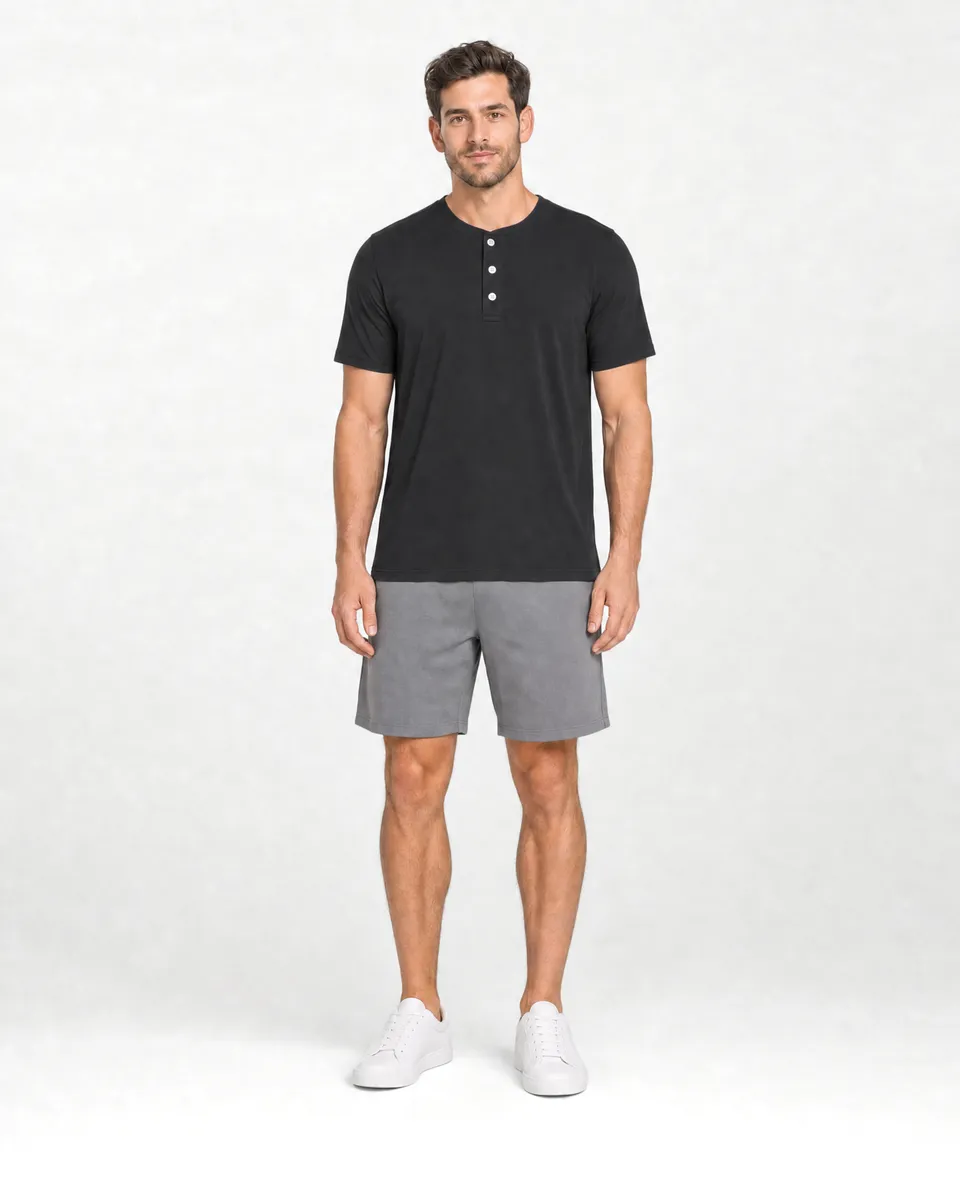 StringKing Men's Pima Jersey Short Sleeve Henley - Sharp Fit, Black, Full Front - Human Model