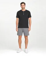 StringKing Men's Pima Jersey Short Sleeve Henley - Sharp Fit, Black, Full Front - Human Model