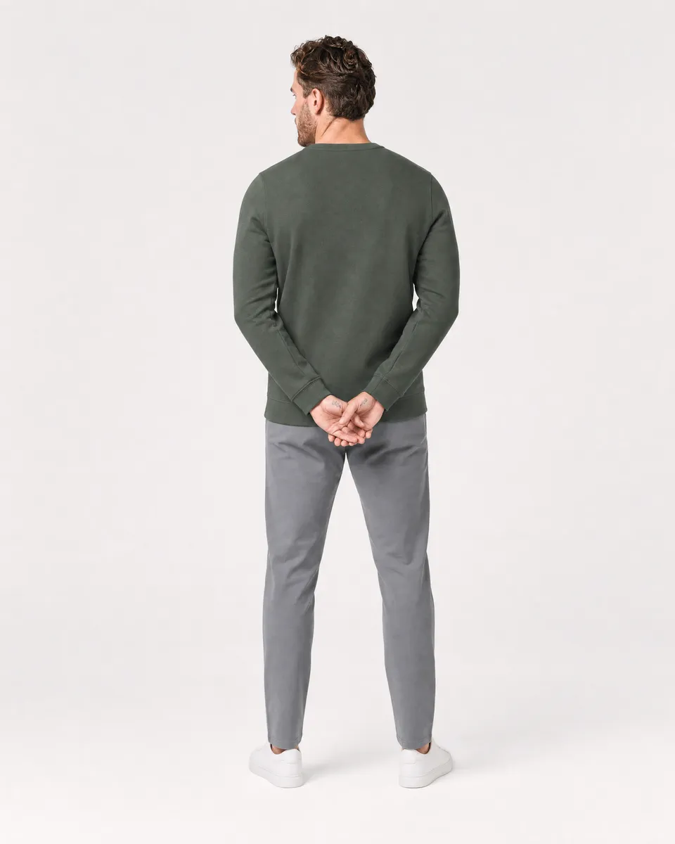 StringKing Men's Pima Terry Crew Sweatshirt - Sharp Fit, Moss, Full Back - Human Model - Top of head to Mid-thigh