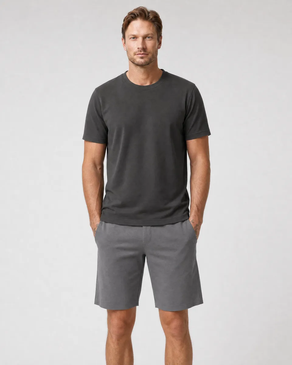 StringKing Men's Pima Terry Tee - Sharp Fit, Peat, Full Front - Human Model - Top of head to Knees