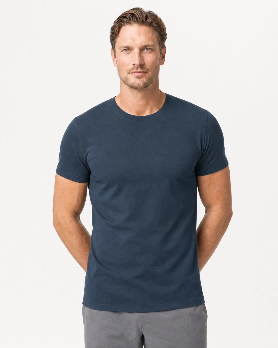 StringKing Men's Pima Terry Tee - Sharp Fit, Navy, Collar Shoulder - Human Model