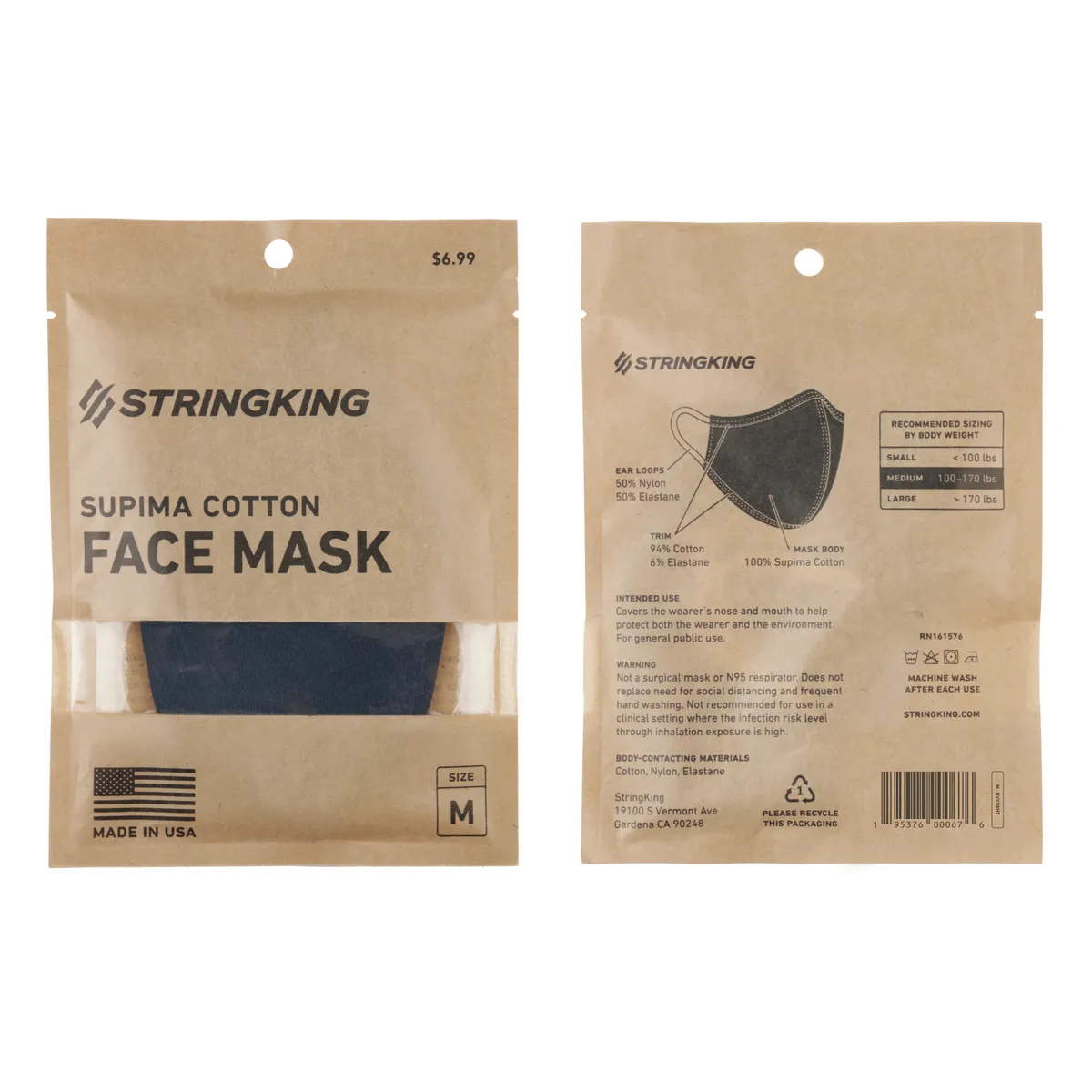 StringKing Cloth Face Mask - Standard, Single, Medium, Navy, Front, Back