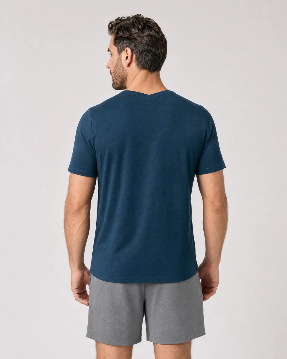StringKing Men's Pima Terry V-Neck Tee - Sharp Fit, Navy, Full Back - Human Model - Top of head to Mid-thigh