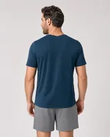 StringKing Men's Pima Terry V-Neck Tee - Sharp Fit, Navy, Full Back - Human Model - Top of head to Mid-thigh